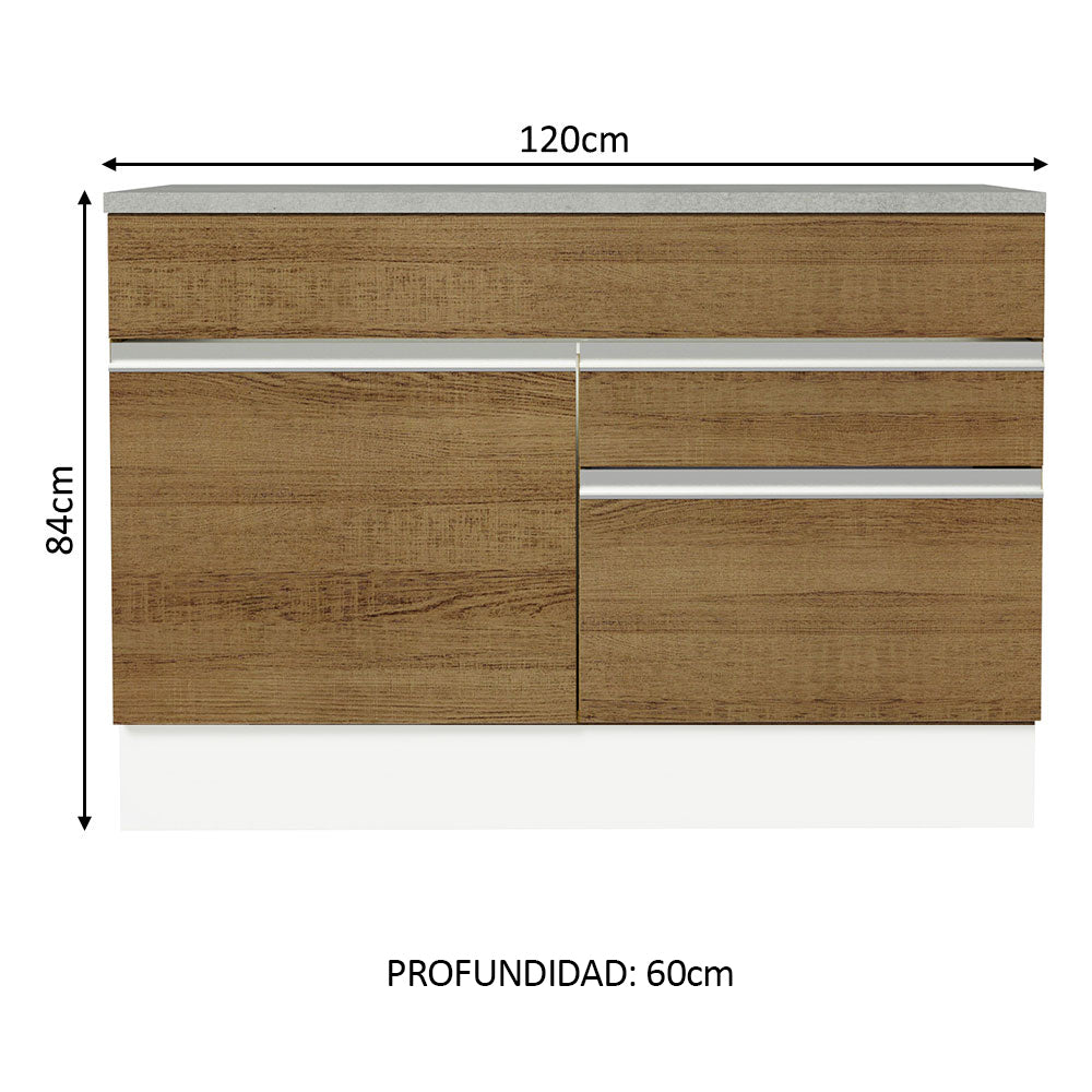 Bajo Mesada Cocina 120 x 60 cm 1 Puerta 2 Cajones Blanco/Marrón (Con Mesada) Glamy Madesa