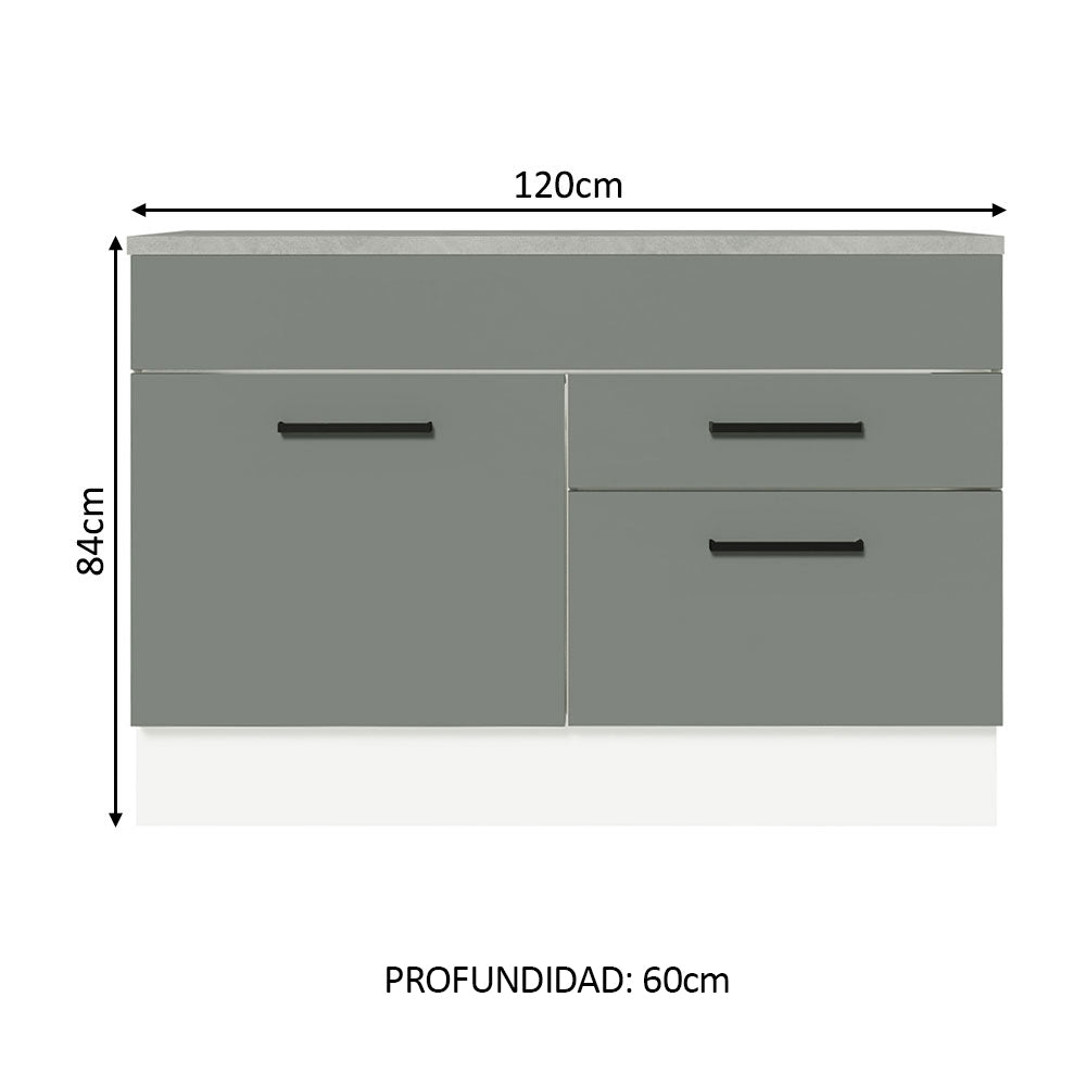 Bajo Mesada Cocina 120 x 60 cm 1 Puerta 2 Cajones (Con Mesada) Blanco/Gris Agata Madesa