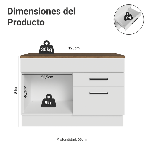 Bajo Mesada 120 x 60 cm 2 Puertas 1 Cajón Blanco/Marrón Agata Madesa