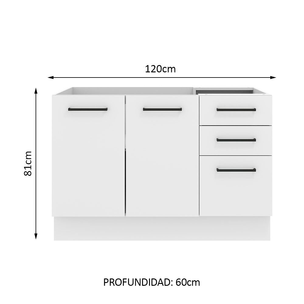 Bajo Mesada 120 cm x 60 cm, 3 Cajones 2 Puertas Agata Blanco