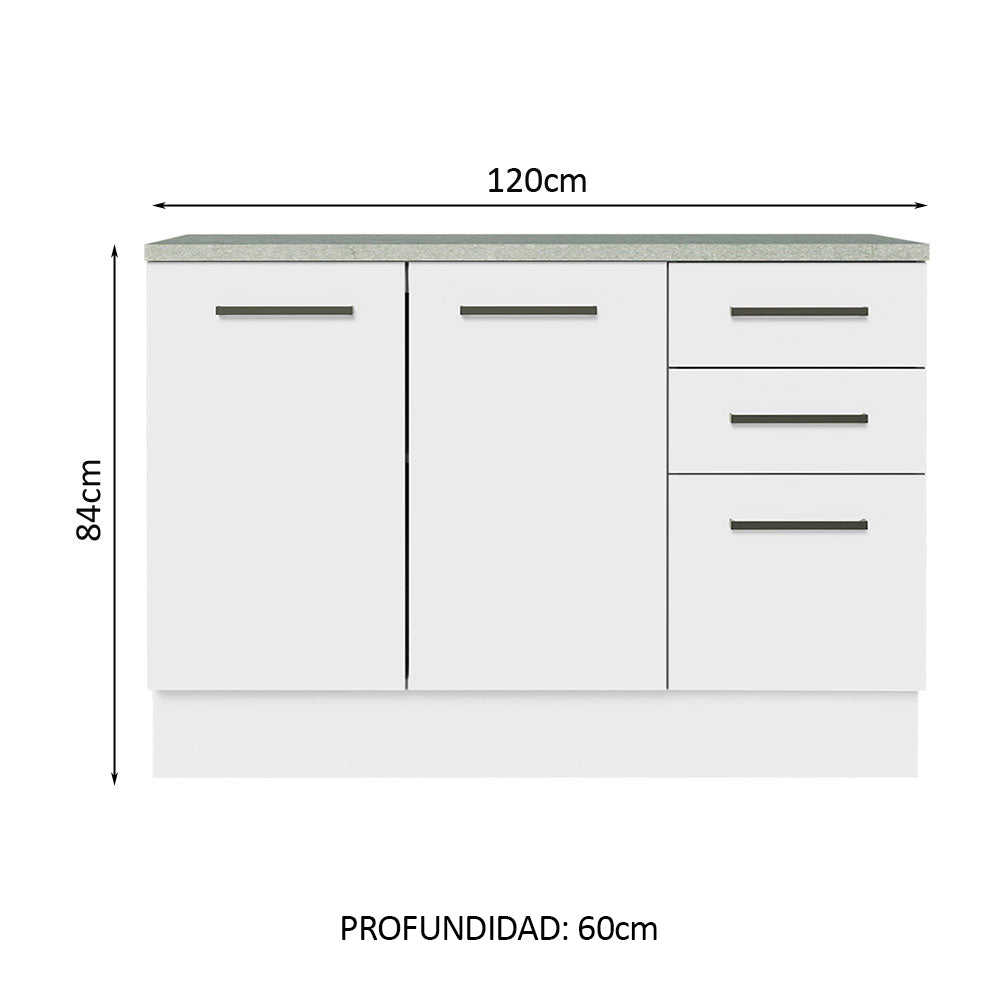 Bajo Mesada Cocina 120 cm x 60 cm, 3 Cajones 2 Puertas Agata Blanco