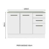 Bajo Mesada Cocina 120 cm x 60 cm, 3 Cajones 2 Puertas Agata Blanco