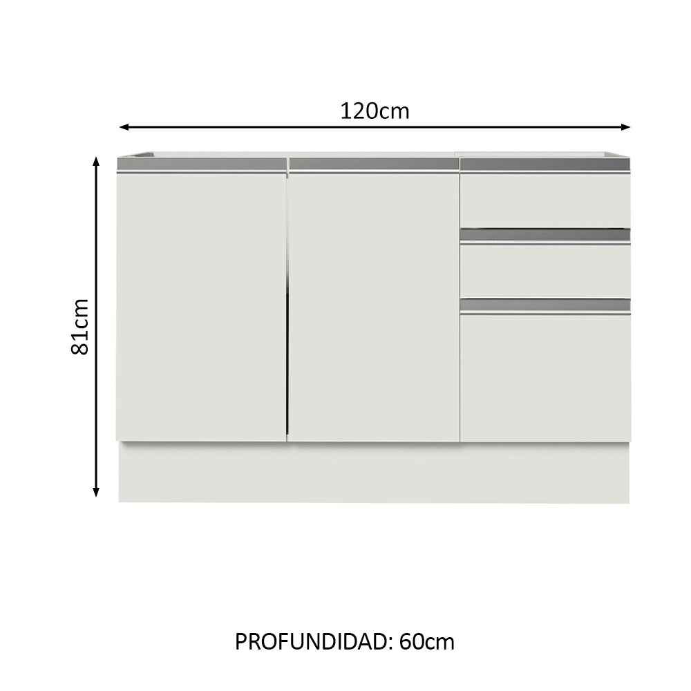 Bajo Mesada Cocina 120 cm x 60 cm, 3 Cajones 2 Puertas Glamy Blanco