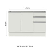 Bajo Mesada Cocina 120 cm x 60 cm, 3 Cajones 2 Puertas Glamy Blanco