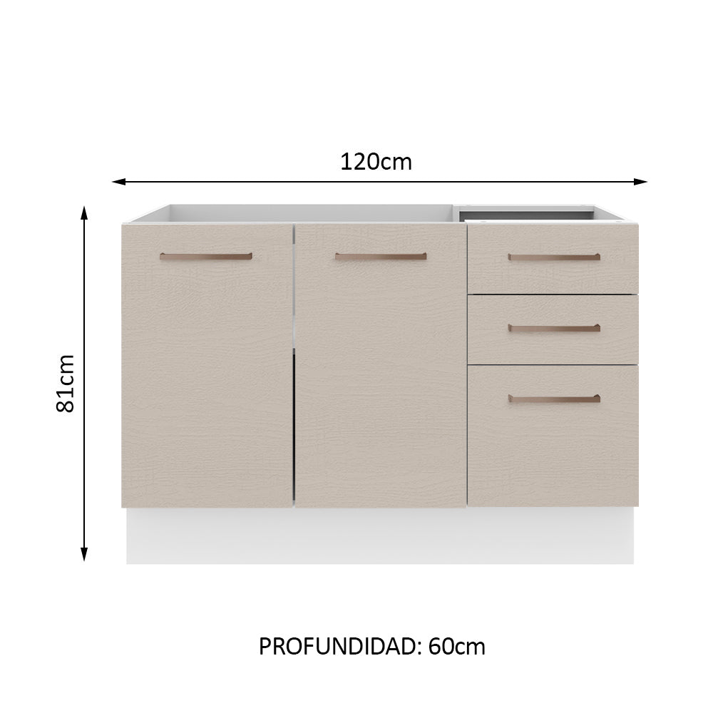 Bajo Mesada 120 cm x 60 cm, 3 Cajones 2 Puertas Agata Blanco/Crema