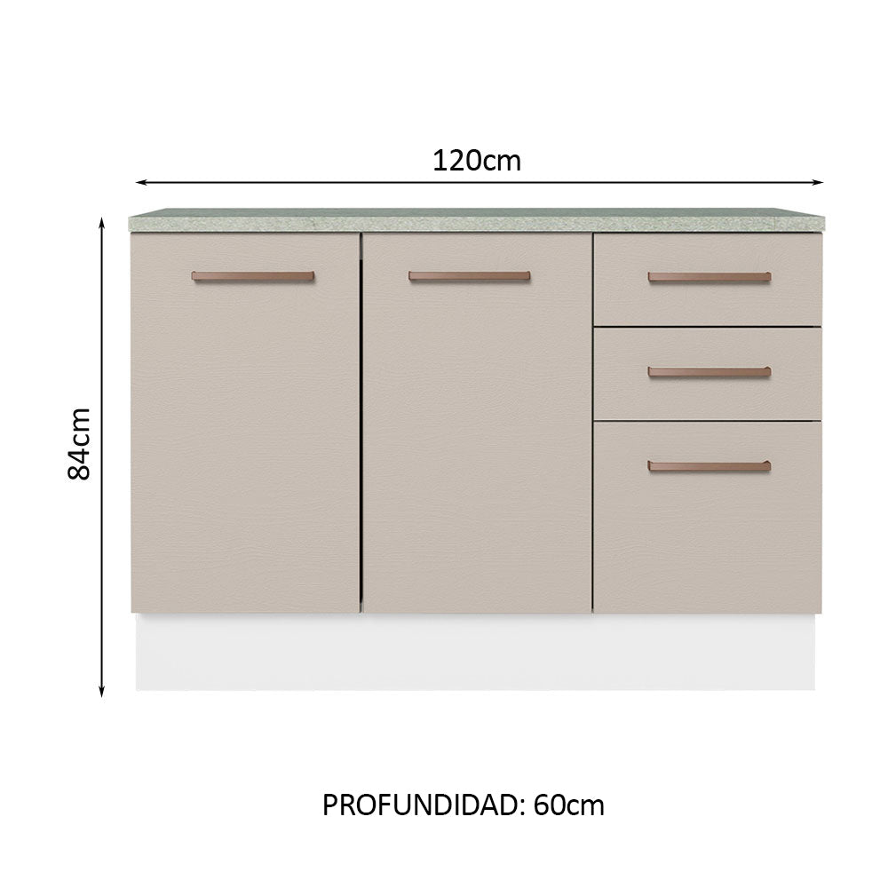 Bajo Mesada Cocina 120 cm x 60 cm, 3 Cajones 2 Puertas Agata Blanco/Crema