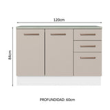 Bajo Mesada Cocina 120 cm x 60 cm, 3 Cajones 2 Puertas Agata Blanco/Crema