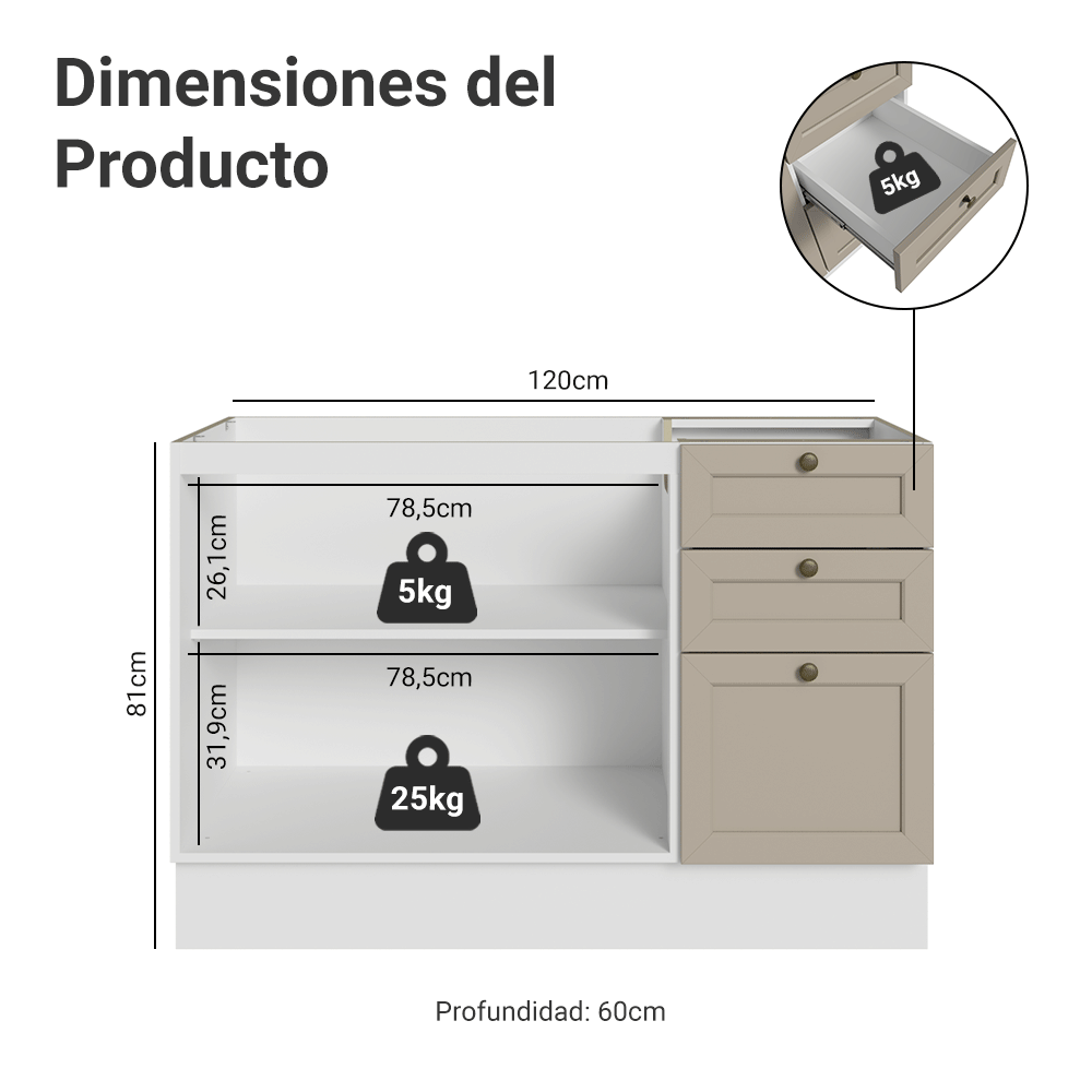Bajo Mesada Cocina 120 x 60 cm 2 Puertas 3 Cajones (Sin Mesada) Blanco/Crema Vik Madesa