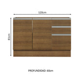 Bajo Mesada Cocina 120 cm x 60 cm, 3 Cajones 2 Puertas Glamy Marrón