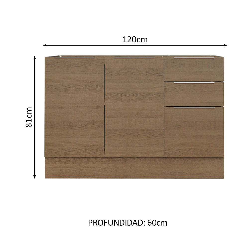 Bajo Mesada Cocina 120 x 60 cm 2 Puertas e 3 Cajones (Sin Mesada) Marrón Stella Madesa