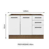 Bajo Mesada Cocina 120 cm x 60 cm, 3 Cajones 2 Puertas Agata Marrón/Blanco