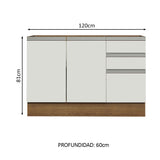 Bajo Mesada Cocina 120 cm x 60 cm, 3 Cajones 2 Puertas Glamy Marrón/Blanco