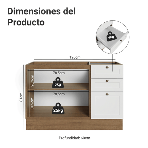 Bajo Mesada 120 cm 2 Puertas 3 Cajones Sin Mesada Marrón/Blanco Vik Madesa