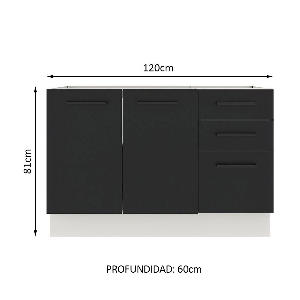 Bajo Mesada Cocina 120 x 60 cm 2 Puertas e 3 Cajones (Sin Mesada) Blanco/Negro Agata Madesa