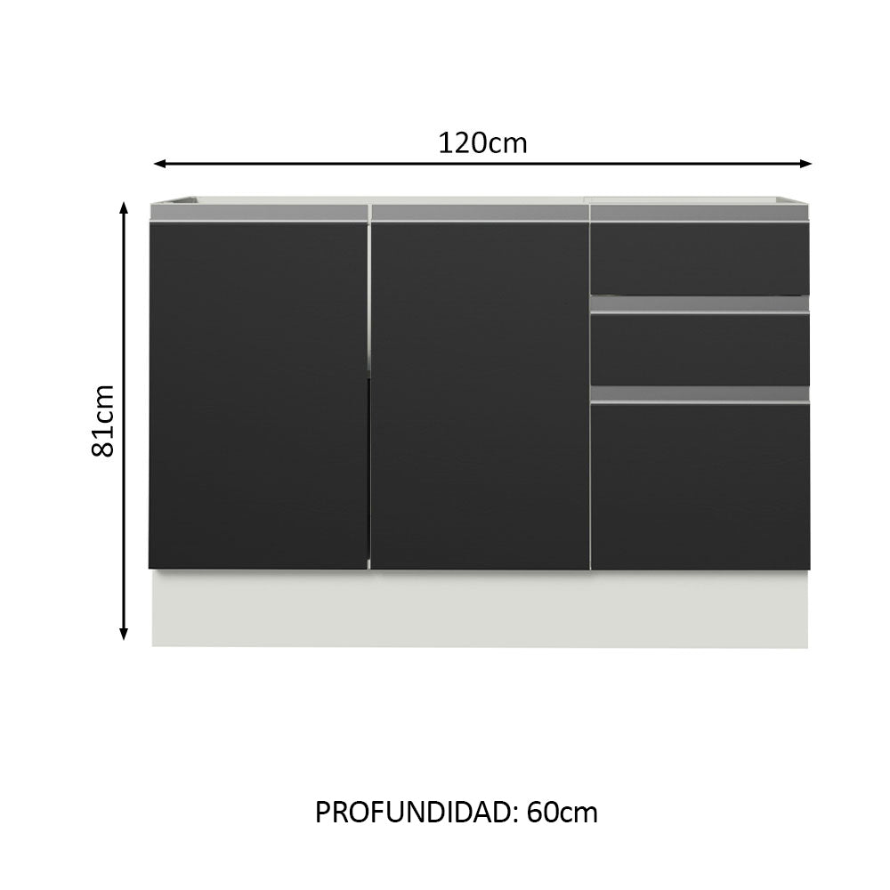 Bajo Mesada Cocina 120 x 60 cm 2 Puertas e 3 Cajones (Sin Mesada) Blanco/Negro Glamy Madesa