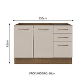 Bajo Mesada Cocina 120 cm x 60 cm, 3 Cajones 2 Puertas Agata Marrón/Crema