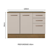 Bajo Mesada Cocina 120 cm x 60 cm, 3 Cajones 2 Puertas Agata Marrón/Crema