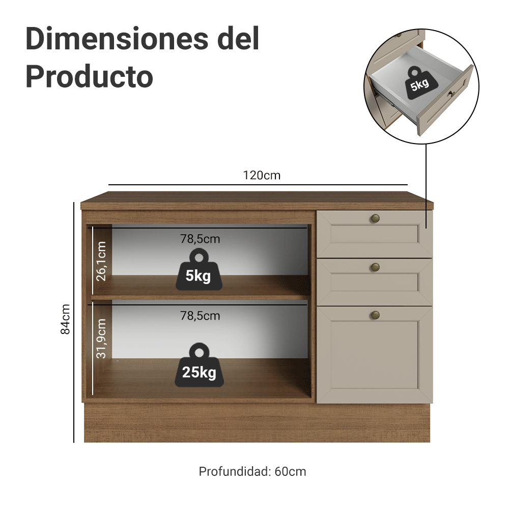 Bajo Mesada Cocina 120 x 60 cm 2 Puetas 3 Cajones (Con Mesada) Marrón/Crema Vik Madesa
