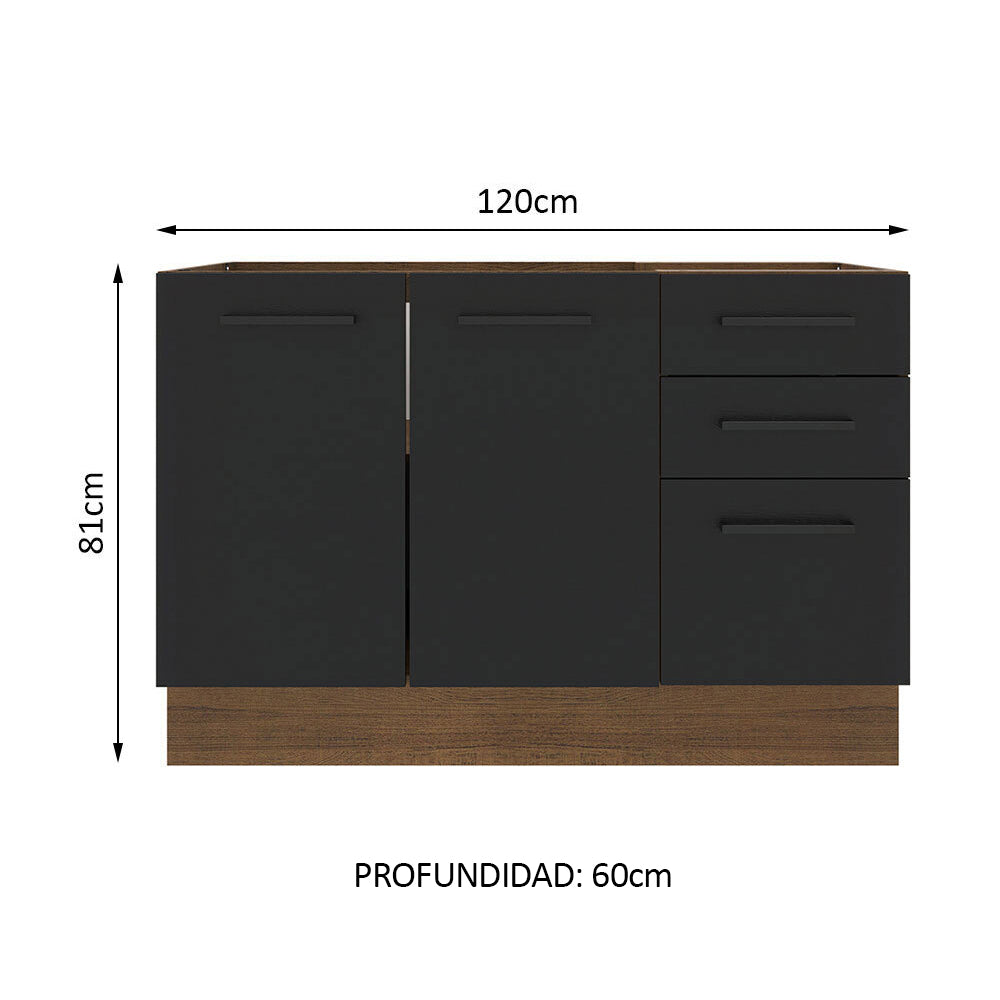 Bajo Mesada Cocina 120 x 60 cm 2 Puertas e 3 Cajones (Sin Mesada) Marrón/Negro Agata Madesa