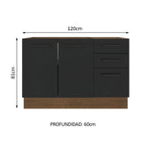 Bajo Mesada Cocina 120 x 60 cm 2 Puertas e 3 Cajones (Sin Mesada) Marrón/Negro Agata Madesa