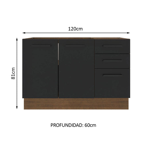 Bajo Mesada 120 cm 2 Puertas 3 Cajones Sin Mesada Marrón/Negro Agata Madesa