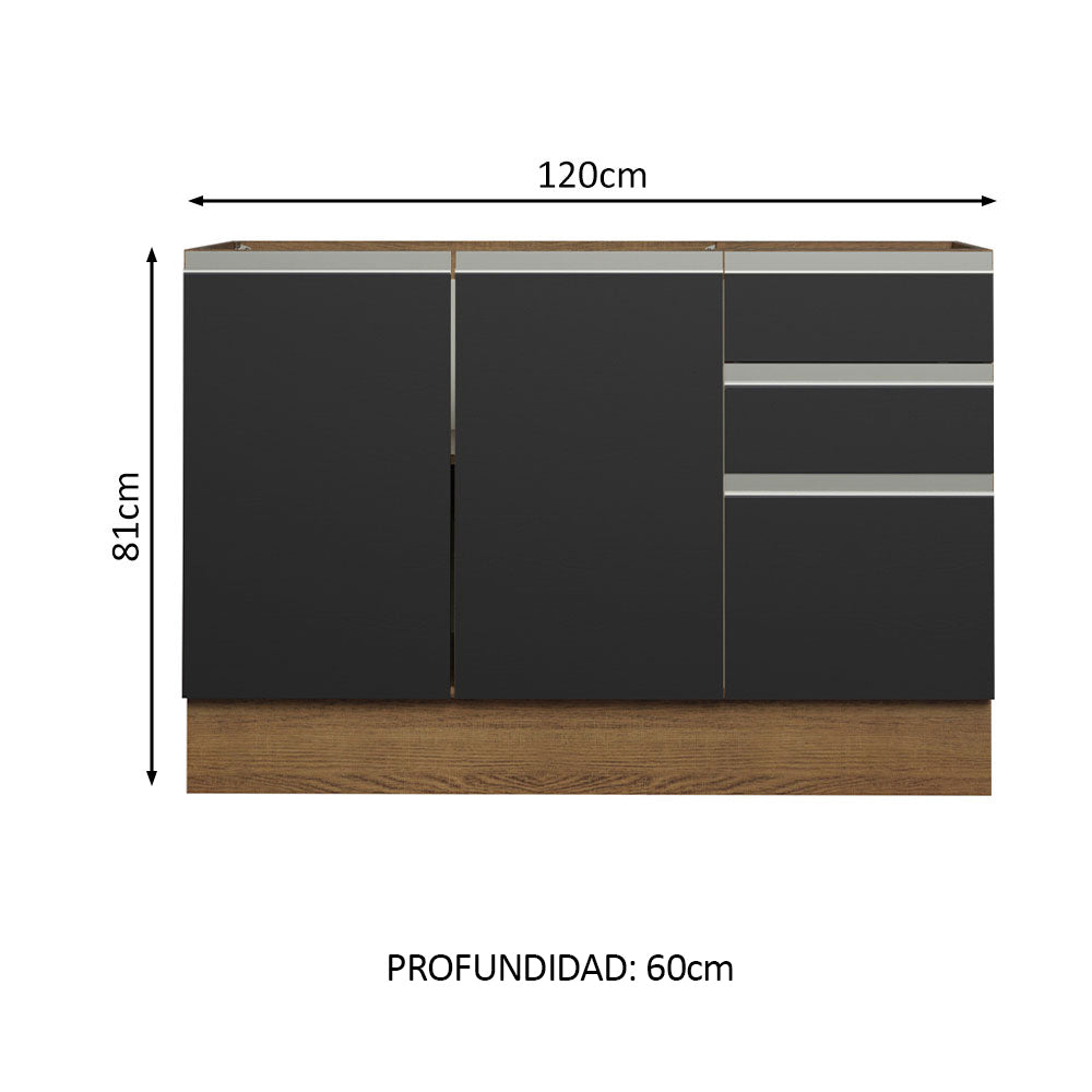 Bajo Mesada Cocina 120 x 60 cm 2 Puertas e 3 Cajones (Sin Mesada) Marrón/Negro Glamy Madesa