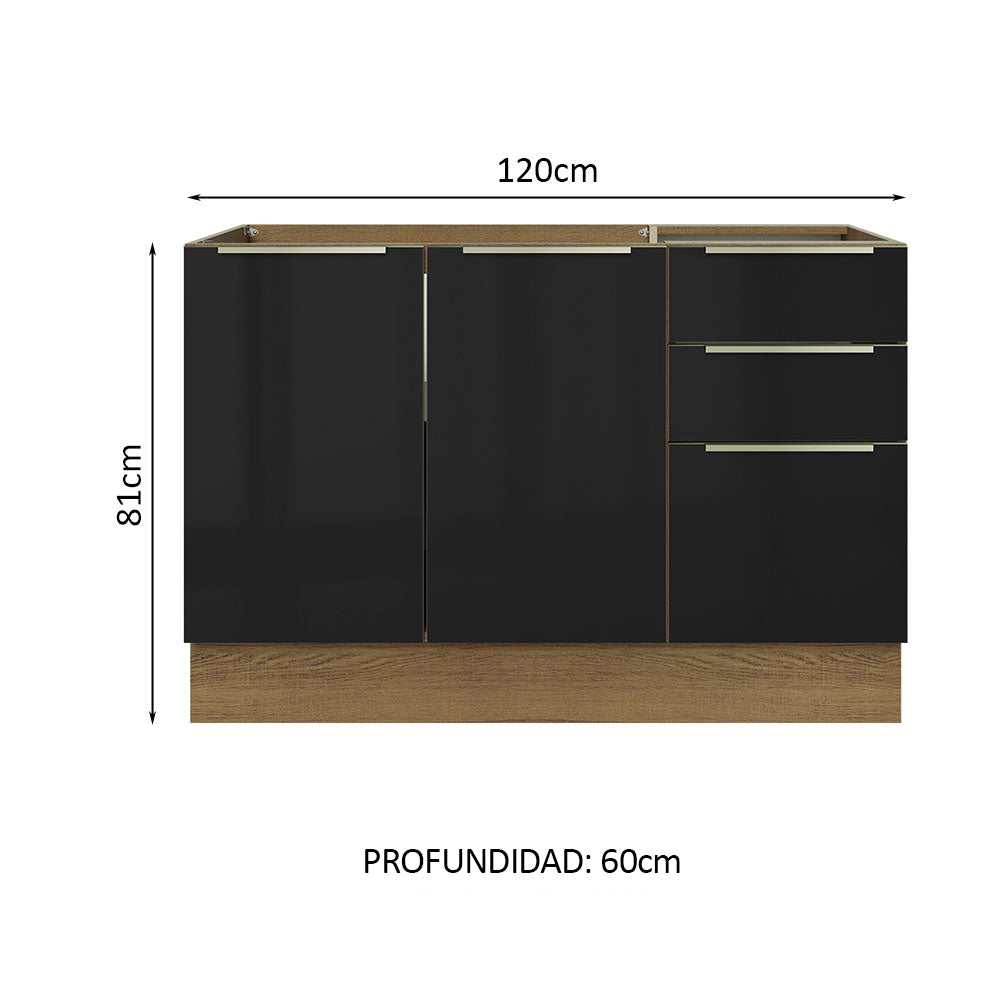 Bajo Mesada Cocina 120 cm x 60 cm, 3 Cajones 2 Puertas Lux Marrón/Negro