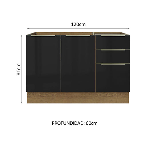 Bajo Mesada 120 cm 2 Puertas 3 Cajones Sin Mesada Marrón/Negro Lux Madesa