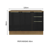 Bajo Mesada Cocina 120 cm x 60 cm, 3 Cajones 2 Puertas Lux Marrón/Negro