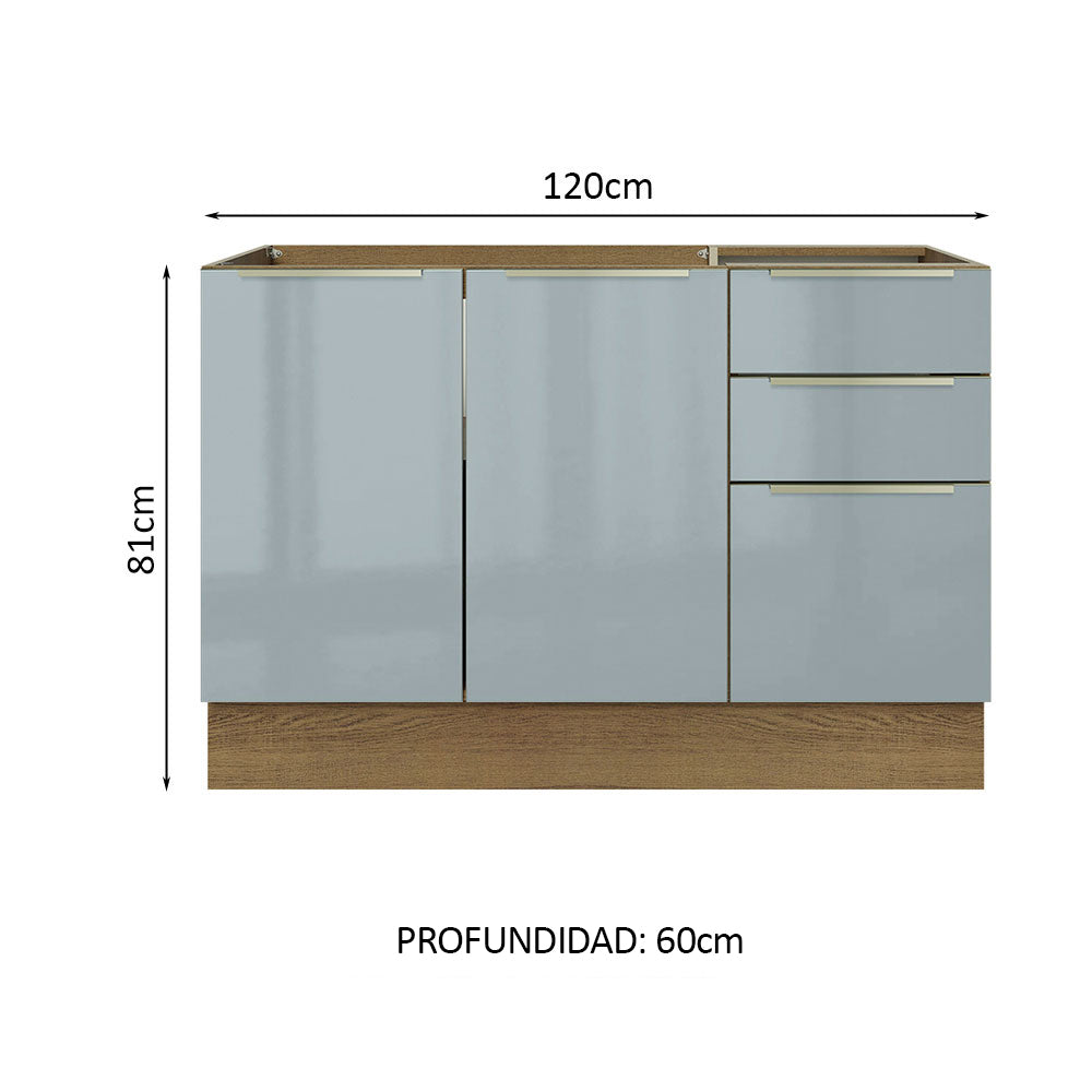 Bajo Mesada Cocina 120 cm x 60 cm, 3 Cajones 2 Puertas Lux Marrón/Gris