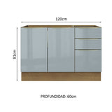 Bajo Mesada Cocina 120 cm x 60 cm, 3 Cajones 2 Puertas Lux Marrón/Gris
