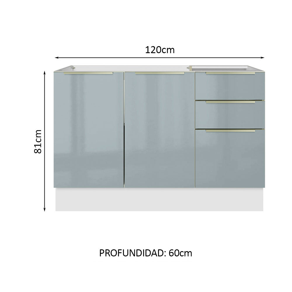 Bajo Mesada Cocina 120 cm x 60 cm, 3 Cajones 2 Puertas Lux Blanco/Gris