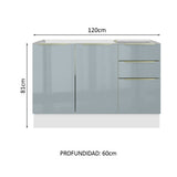 Bajo Mesada Cocina 120 cm x 60 cm, 3 Cajones 2 Puertas Lux Blanco/Gris