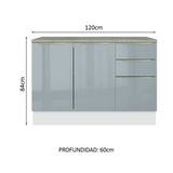 Bajo Mesada Cocina 120 cm x 60 cm, 3 Cajones 2 Puertas Lux Blanco/Gris