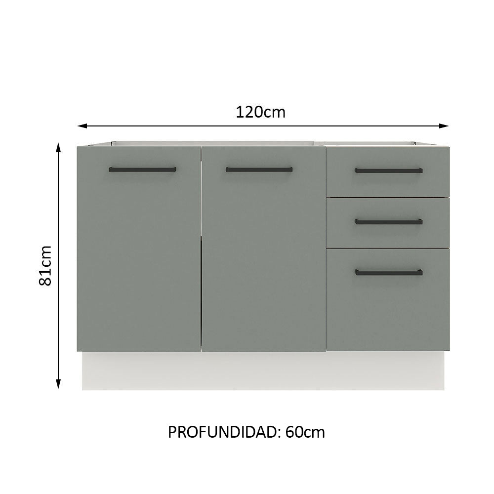 Bajo Mesada Cocina 120 cm x 60 cm, 3 Cajones 2 Puertas Agata Blanco/Gris