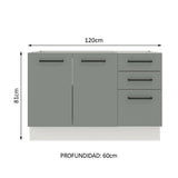 Bajo Mesada Cocina 120 cm x 60 cm, 3 Cajones 2 Puertas Agata Blanco/Gris