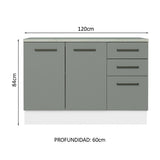 Bajo Mesada Cocina 120 cm x 60 cm, 3 Cajones 2 Puertas Agata Blanco/Gris