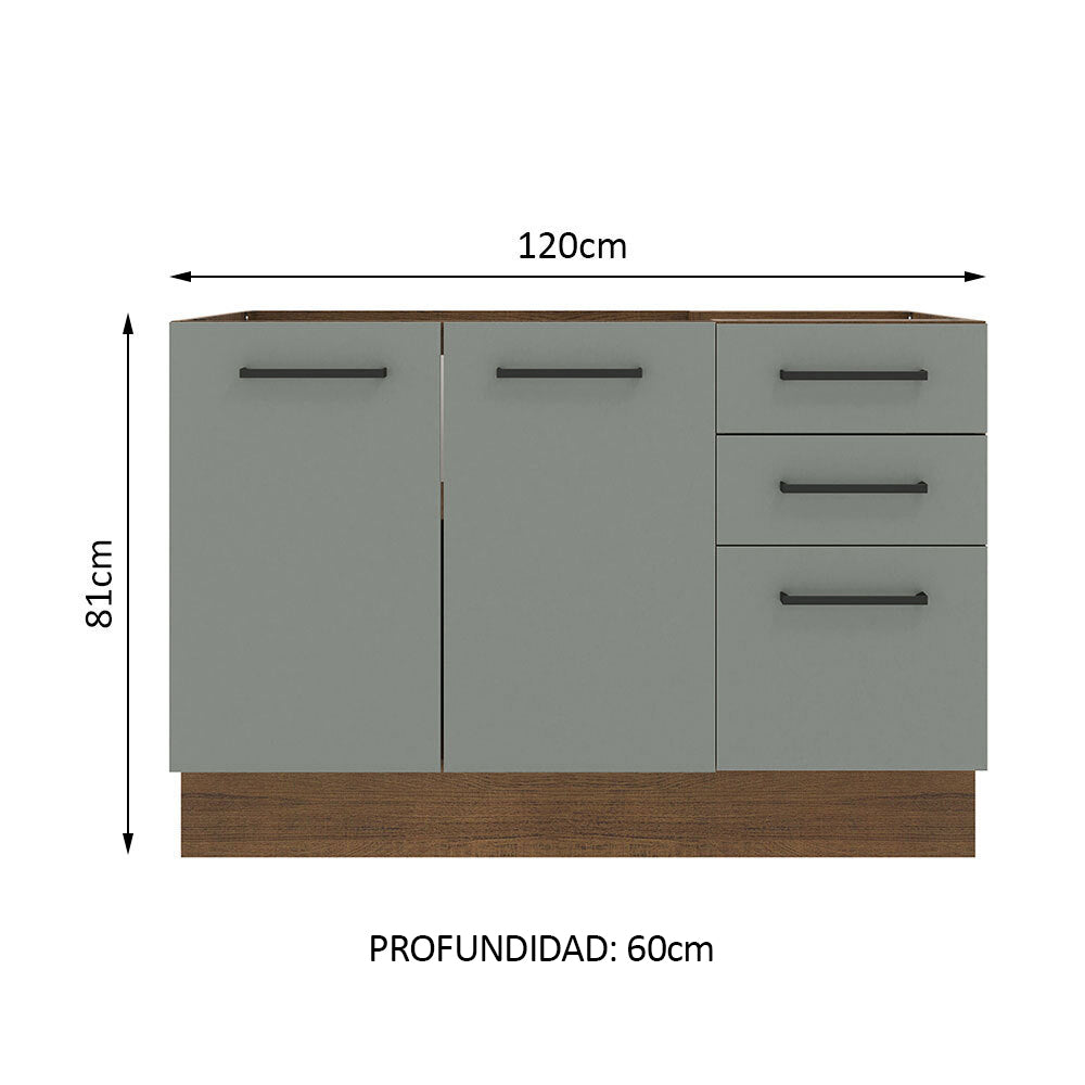 Bajo Mesada Cocina 120 cm x 60 cm, 3 Cajones 2 Puertas Agata Marrón/Gris