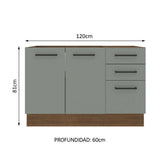 Bajo Mesada Cocina 120 cm x 60 cm, 3 Cajones 2 Puertas Agata Marrón/Gris