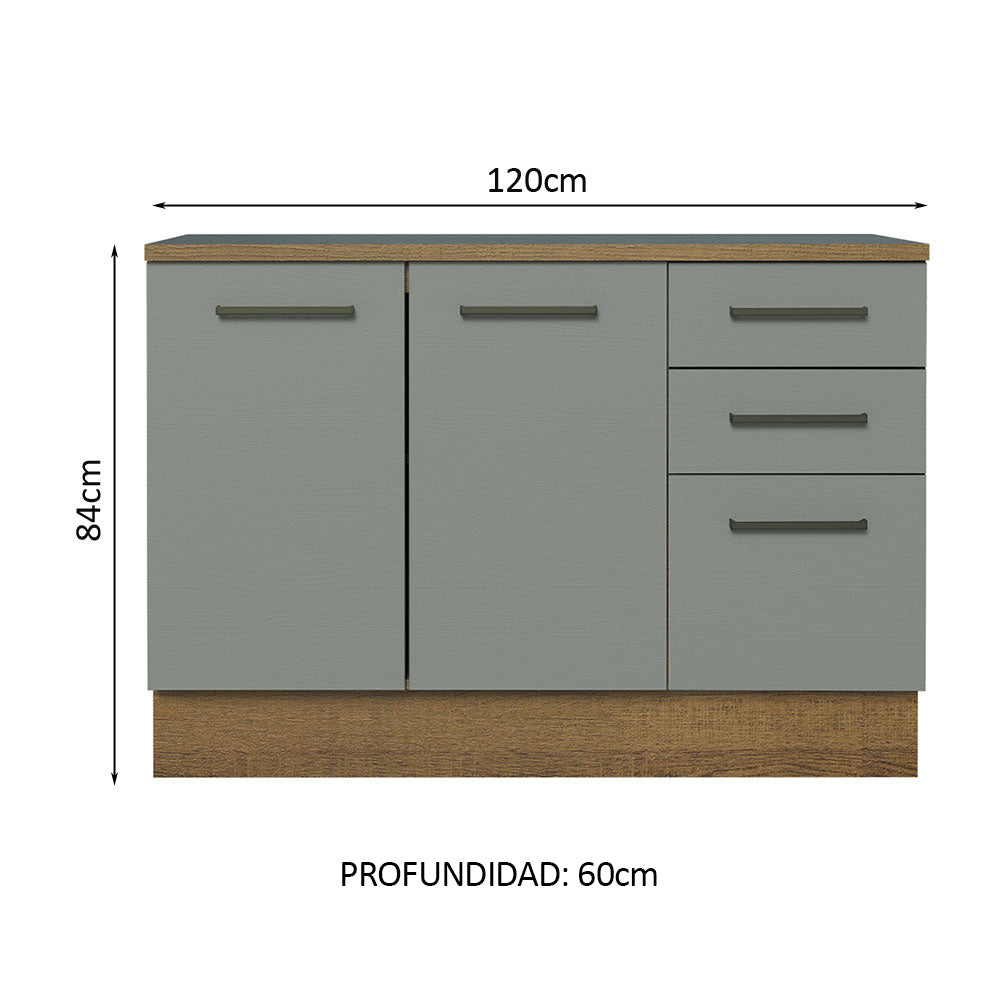 Bajo Mesada Cocina 120 cm x 60 cm, 3 Cajones 2 Puertas con Mesada Agata Marrón/Gris