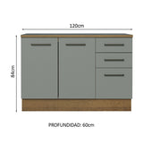 Bajo Mesada Cocina 120 cm x 60 cm, 3 Cajones 2 Puertas con Mesada Agata Marrón/Gris