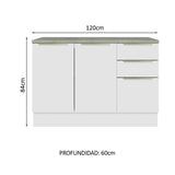 Bajo Mesada 120 cm x 60 cm, 3 Cajones 2 Puertas Lux Blanco/Blanco