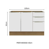 Bajo Mesada 120 cm x 60 cm, 3 Cajones 2 Puertas Lux Marrón/Blanco