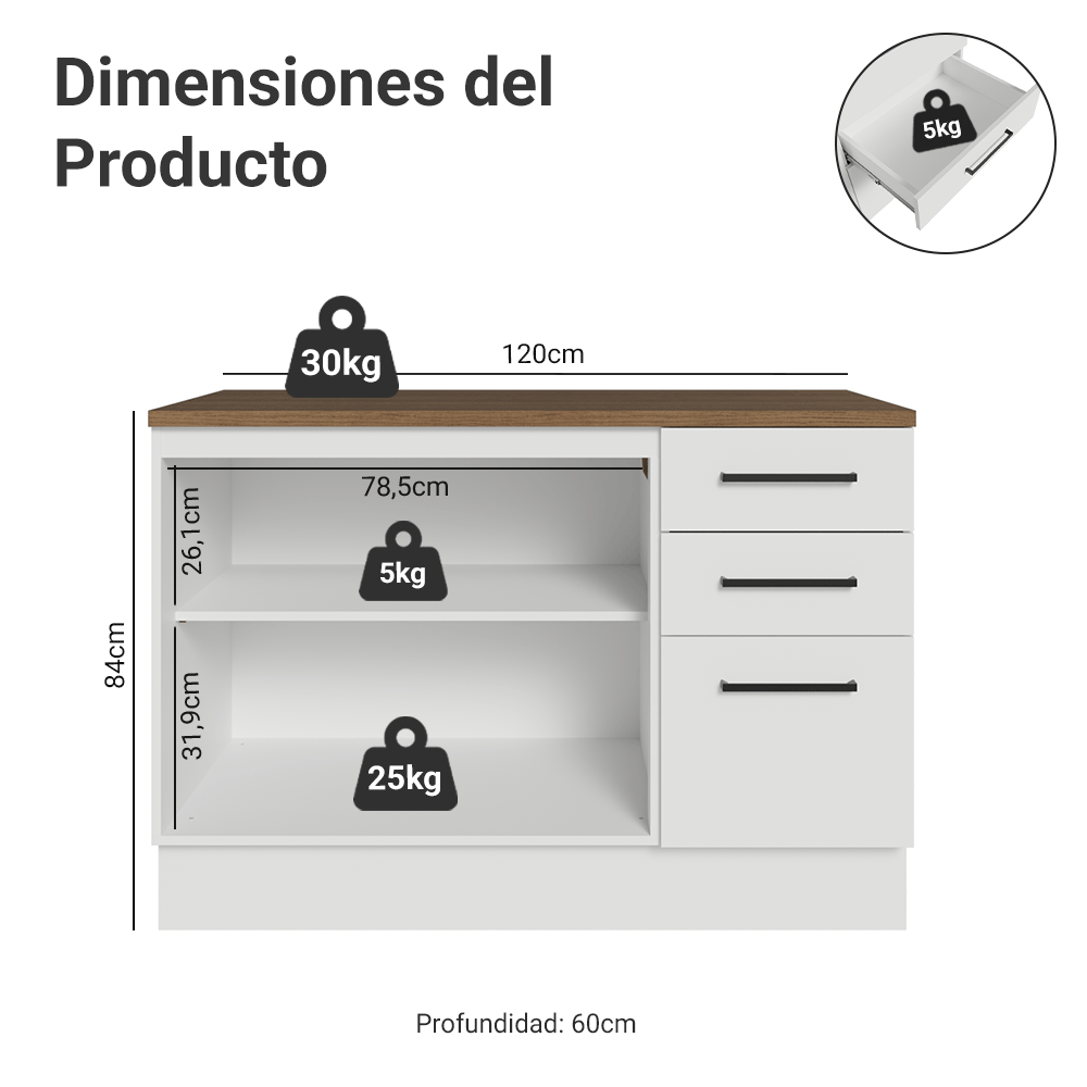 Bajo Mesada 120 x 60 cm 2 Puertas 3 Cajones Blanco/Marrón Agata Madesa