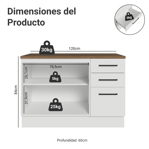 Bajo Mesada 120 x 60 cm 2 Puertas 3 Cajones Blanco/Marrón Agata Madesa