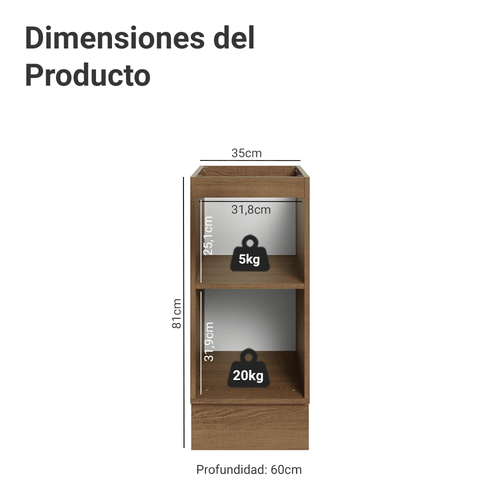 Bajo Mesada 35 cm 1 Puerta Sin Mesada Marrón/Blanco Vik Madesa