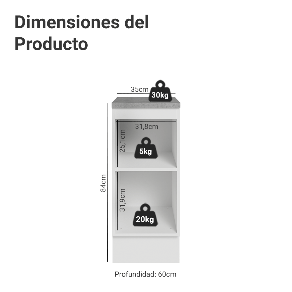 Bajo Mesada Cocina 35 x 60 cm 1 Puerta (Con Mesada) Blanco/Gris Lux Madesa