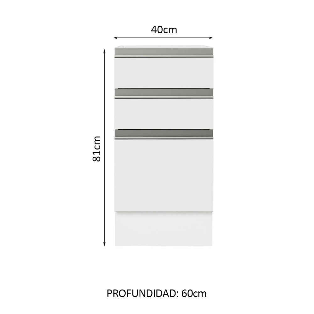 Bajo Mesada 40 x 60 cm, 3 Cajones (Sin Mesada) Glamy Blanco