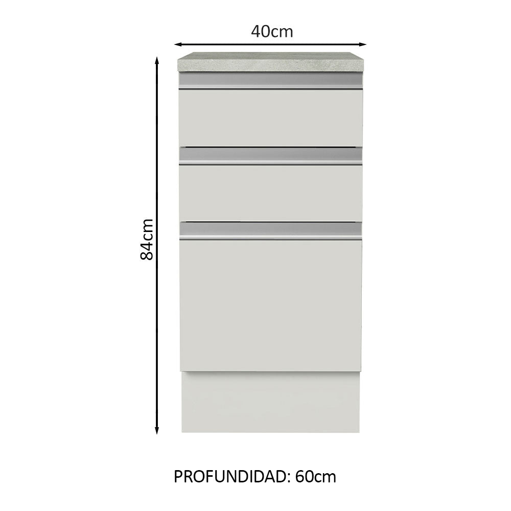 Bajo Mesada 40 x 60 cm 3 Cajones (Con Mesada) Glamy Blanco