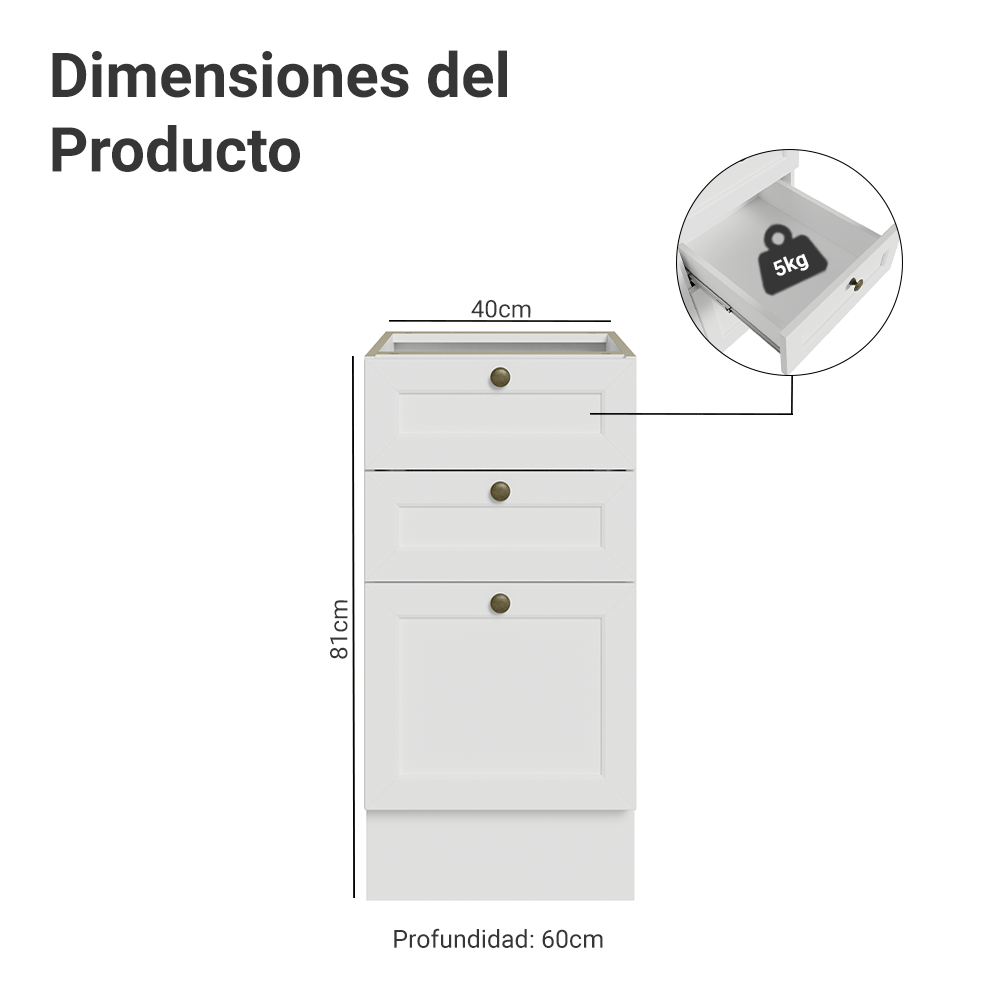 Bajo Mesada de Cocina 40 x 60 cm 3 Cajones (Sin Mesada) Blanco Vik Madesa